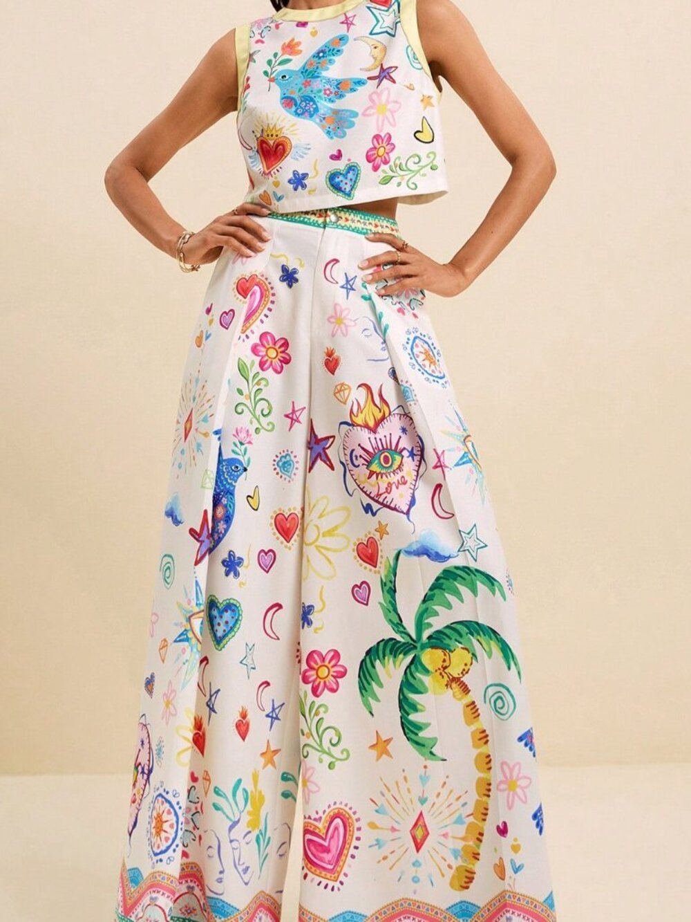 Multicolor Boho Women's Tropical Print Crop Top & Wide Leg Pants 2-Piece Set - Picture 7 of 9